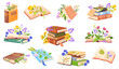 © ssstocker - Cartoon books flowers. School book with summer spring flower bouquet, bloom open textbook floral cover romance novel history literature read sticker set, neat vector illustration