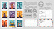 © Basecamp - Colorful travel postage stamps and airmail elements with famous world landmarks.