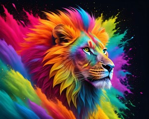  Lion with Rainbow Mane and Colorful Powder Explosion