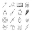© BoniTuah - 16 minimal line icons of Halloween witch tools, including pentagrams, crystals, scrolls, and ritual knives. Ideal for spooky branding, printables, or mystical-themed UI design.
