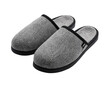 © mba - Gray herringbone-patterned slippers.  Pair of light gray, soft-lined slippers with a dark gray herringbone textile pattern.  Black sole.  Open-toe design