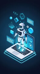 Futuristic Robot Assisting with Coding on a Laptop Displaying Digital Elements