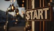 © Popu - Close-Up of White and Gold START Sign Hanging on Coffee Shop Door, Elegant Minimalist Design