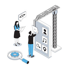 Wall Mural - app development 3d isometric concept with isometry people design for web. team creating mobile inter