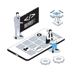 Wall Mural - app development 3d isometric concept with isometry people design for web. team working with code, pr