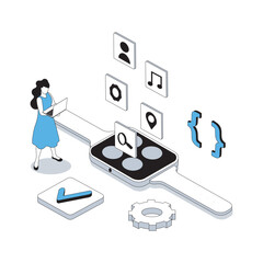 Wall Mural - app development 3d isometric concept with isometry people design for web. woman creating smart watch