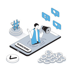 Wall Mural - blogging 3d isometric concept with isometry people design for web. blogger with megaphone announcing
