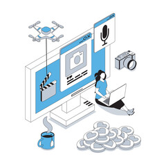 Wall Mural - blogging 3d isometric concept with isometry people design for web. blogger creating video, photo and