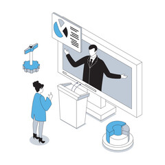 Wall Mural - Business training 3d isometric concept with isometry people design for web. Businesswoman watching professional video seminar with coach, learning and improving her job skills. Vector illustration