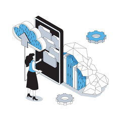 Wall Mural - cloud storage 3d isometric concept with isometry people design for web. woman using cloud service fo