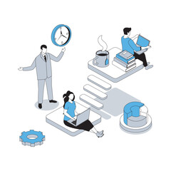 Wall Mural - coworking 3d isometric concept with isometry people design for web. company employees work at laptop