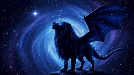Winged lionlike beast with luminous eyes and small horns against a backdrop of a starry blue galaxy
