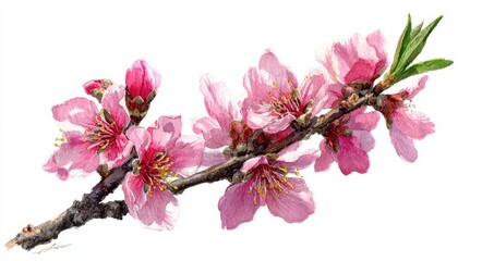 Vintage Watercolor Illustration of Almond Blossom on a Delicate Twig