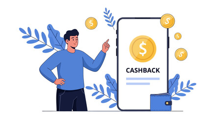 Cashback rewards program concept. A man earns money back through a mobile application on his smartphone. Vector illustration.