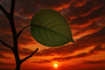 Wall Mural - a lone leaf stands against a fiery sky at sunset, symbolizing resilience and the cycle of life
