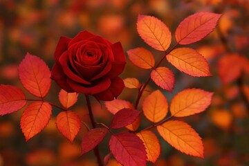 a solitary red rose stands out amidst a sea of autumn leaves, symbolizing love and passion in the mi