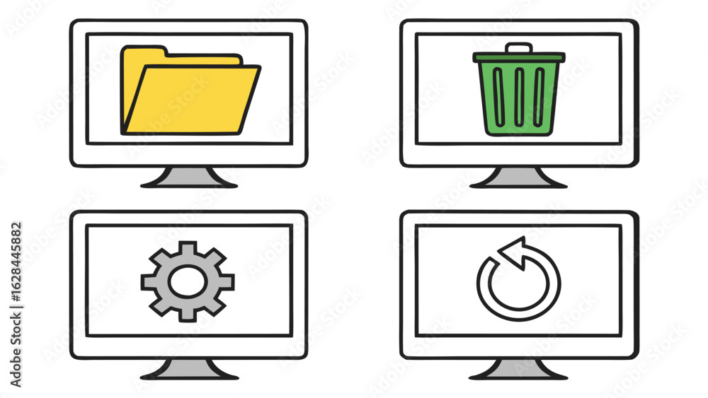 Hand-drawn computer screen icons: folder, recycle bin, settings gear ...