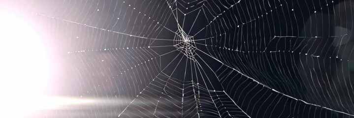 Sunlit spider web on copy space dark background. Website banner with a place for text. Halloween wide backdrop. Animation template