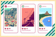 © Samina - Three stylized social media posts showcasing diverse scenic views a coastal town a road trip vista and a tranquil beach with a sailboat