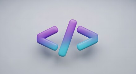 A floating 3D code symbol with a vibrant purple to cyan gradient on a minimalist grey background.