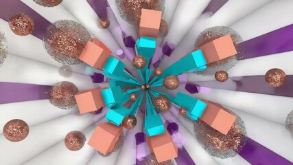 Wall Mural - glitter spheres and turquoise parallelepipeds are converging in a tunnel of white and purple stripes