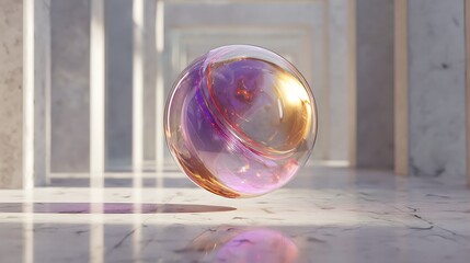 Canvas Print - abstract 3d render of a glass sphere in a bright hallway with marble walls and floor, creating a cle