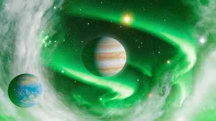 Wall Mural - jupiter and an earth-like exoplanet are orbiting a distant star, showcasing a mesmerizing aurora bor