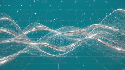 Wall Mural - flowing abstract silver particles create wavy lines over a turquoise digital grid, offering a futuri