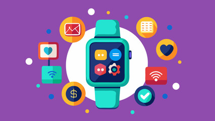 Illustration of a smartwatch with app icons around it on a purple background design layout style