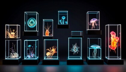 Glowing Jellyfish Art Sculptures in Glass Cases on Display