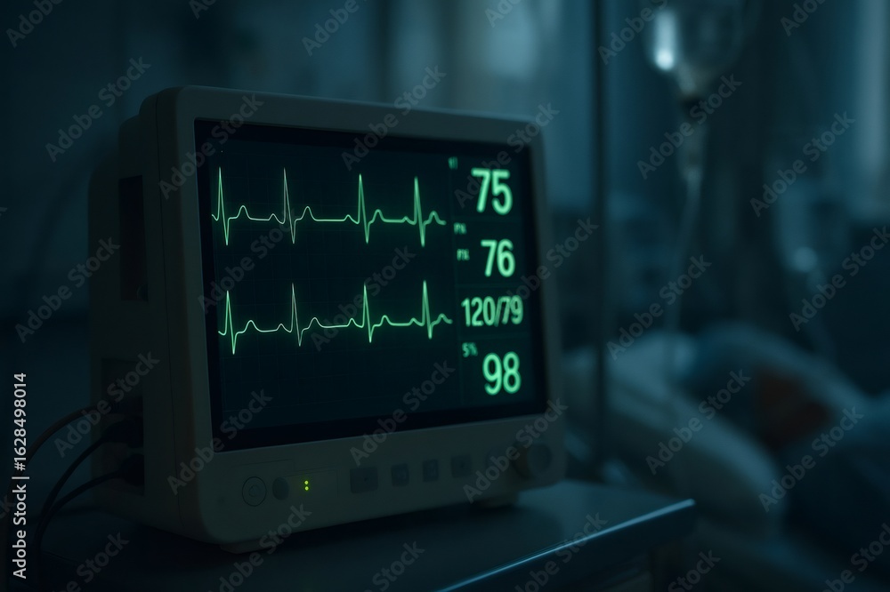 Glowing heart rhythm display illuminating vital signs on a monitor in a ...