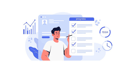 Man Completing Checklist And Monitoring Task With Charts And Progress