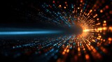 Digital tunnel effect with orange and blue glowing particles