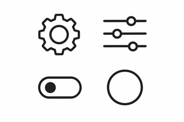 Set of simple gear, slider, toggle, and circle icons in black and white