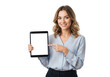 © salek - Woman holding tablet mockup pointing at screen isolated on transparent background