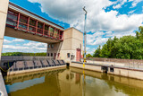 bridge over the river. Federal waterway Main-Donau-canal, German: Bundeswasserstraße Main-Donau-Kanal. view from the floodgate Eckersmühlen (Haimpfarrich) Roth, Bavaria, Middle Frankonia, Germany