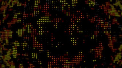 Hi tech motion graphic background, orange and yellow flickering dots on dark background