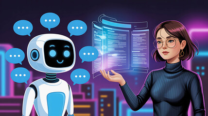 A female programmer interacts with an AI chatbot, analyzing data on a futuristic holographic interface against a neon city backdrop.