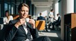 © GS-Studio - Elegant businesswoman taking a moment for coffee in a bright office setting, other colleagues in the background