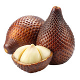 Two salak fruits, one peeled to show the segments, isolated on transparent background