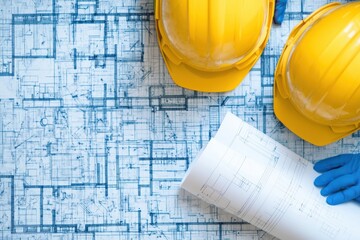 Engineer civil analysis Concept. Construction plans with yellow helmets and gloves on a blueprint background.