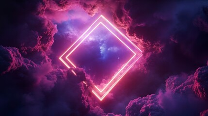 Wall Mural - glowing neon pink diamond frame in dark purple cloudscape.