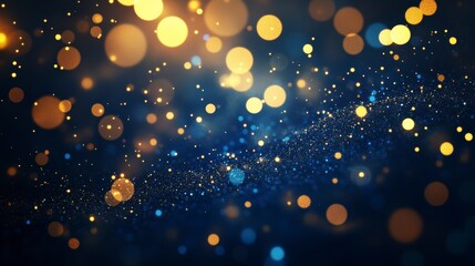 Wall Mural - abstract background with blue and gold bokeh lights and glittering particles.