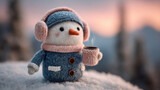 Adorable knitted snowman toy with blue sweater and earmuffs holding hot cocoa mug on snowy surface at sunset. Cozy Christmas decoration, winter holiday concept for greeting card