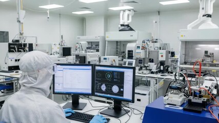 A scientist in a cleanroom laboratory analyzes data on dual computer monitors while surrounded by high-tech equipment and machinery focusing on research and development in a sterile environment
