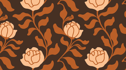 Wall Mural - elegant floral pattern featuring blooming peonies and flowing leaves in warm earth tones, perfect fo