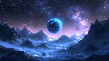 Wall Mural - a dreamlike cosmic landscape with glowing blue planets