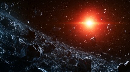 Wall Mural - a peaceful view of an asteroid field illuminated by a red star
