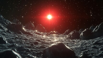 Wall Mural - a peaceful view of an asteroid field illuminated by a red star