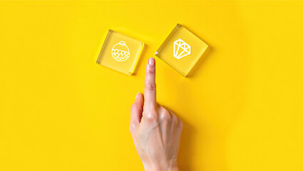 Atom and Diamond Icons on Yellow Background with Hand Pointing Representing Science and Luxury Concepts in a Minimalist and Modern Style